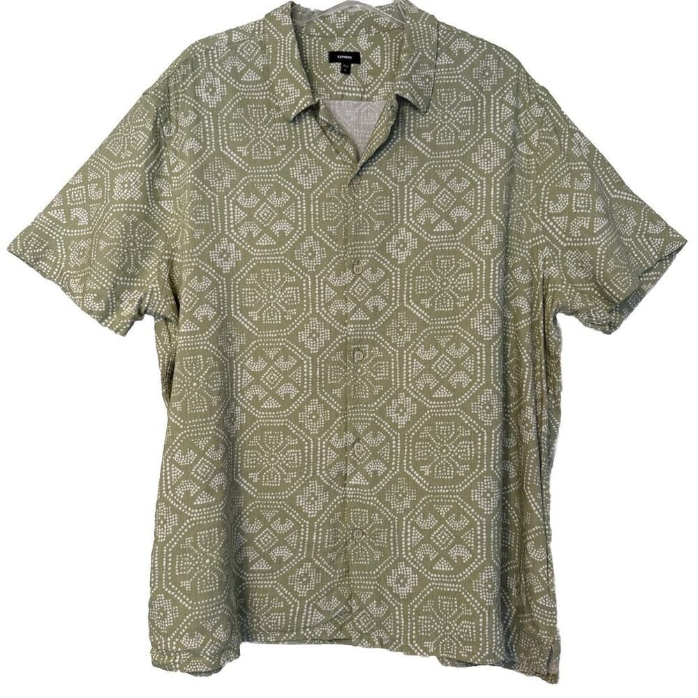 Men’s Express Shirt Linen Print Short Sleeve Size XL Green Casual Vacay